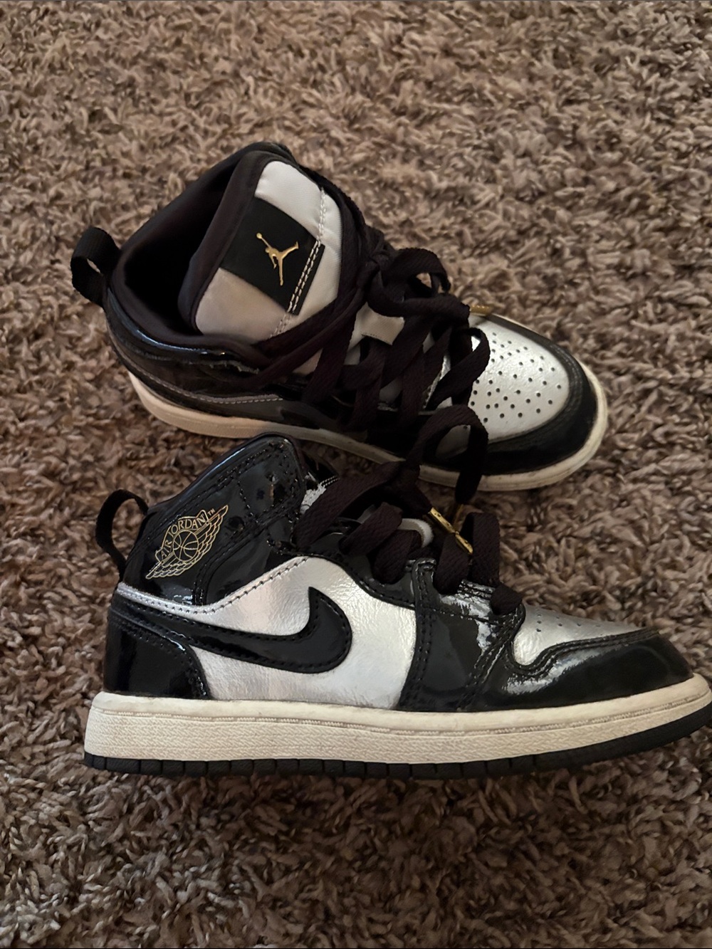 Jordan Kids Black and Silver Patent Leather High-Top Sneakers